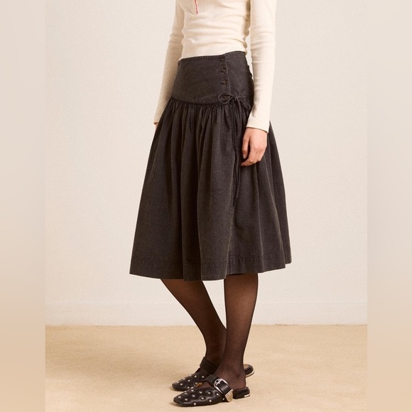 Damson Madder Fia Drop Waist Volume Knee Length Skirt in Charcoal UK 14 / US 10 - Picture 2 of 13